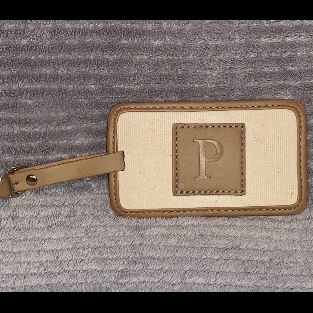 Tan Leather and Linen Luggage Tag - Letter P